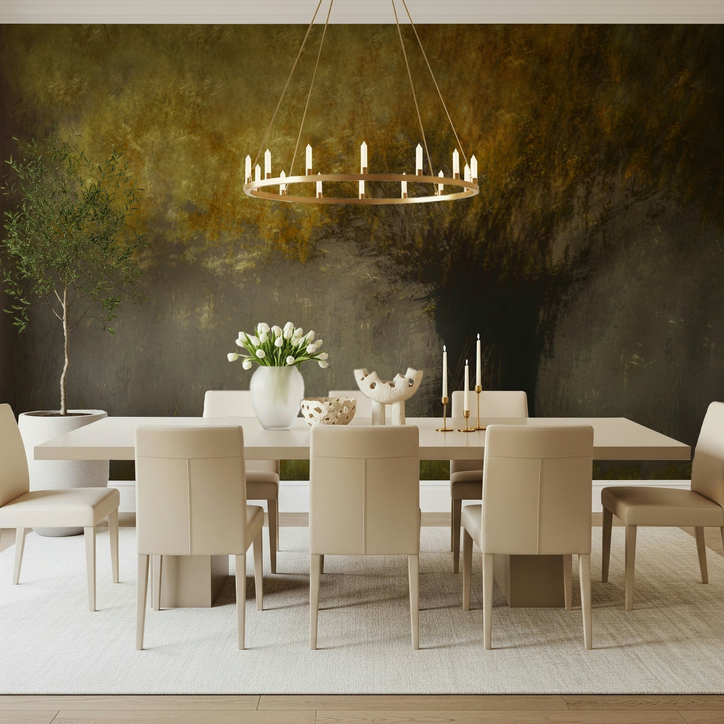 A peaceful woodland vista mural on decorative wallpaper.