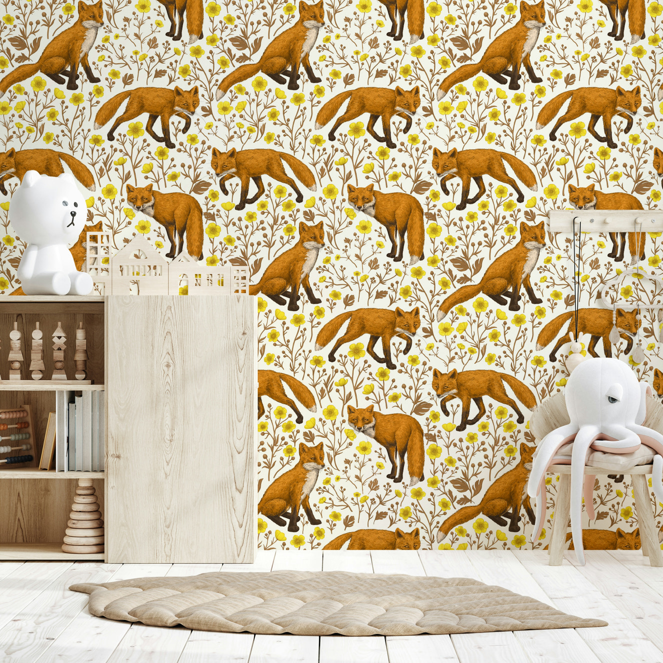 A beautiful woodland wallpaper mural featuring foxes and buttercups on a natural white background.