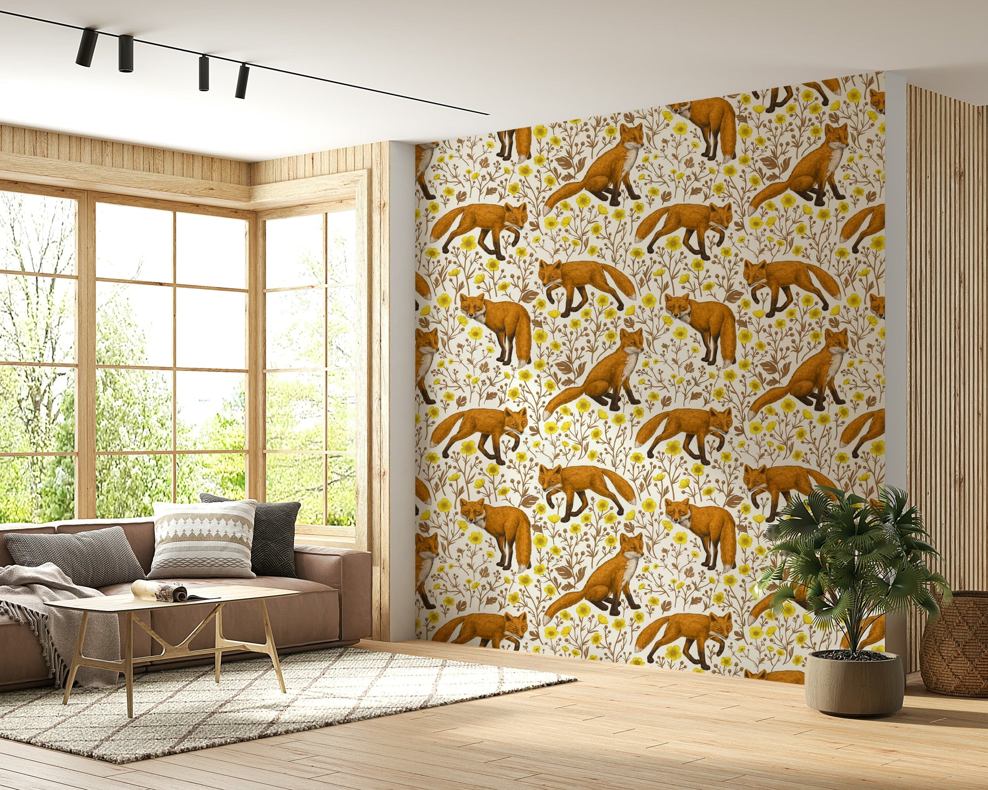 An artistic delicate fox and flower mural on minimalist wallpaper.