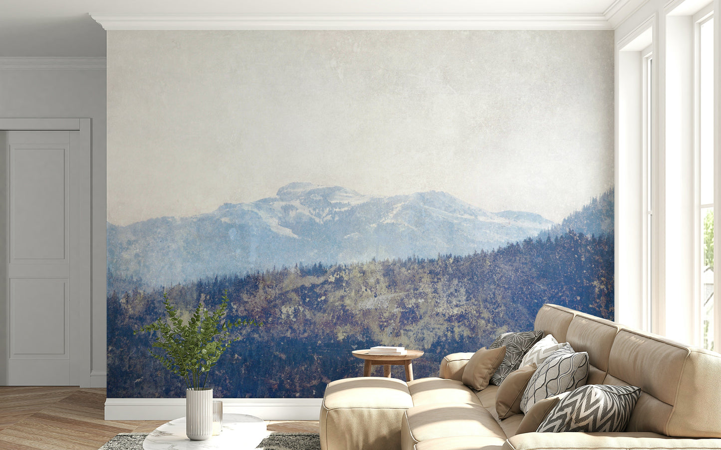 A beautiful mountain vista wallpaper mural with a textured, abstract finish.