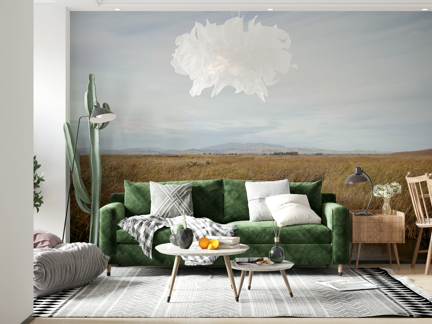 A beautiful wide-angle wall mural of a marsh landscape.