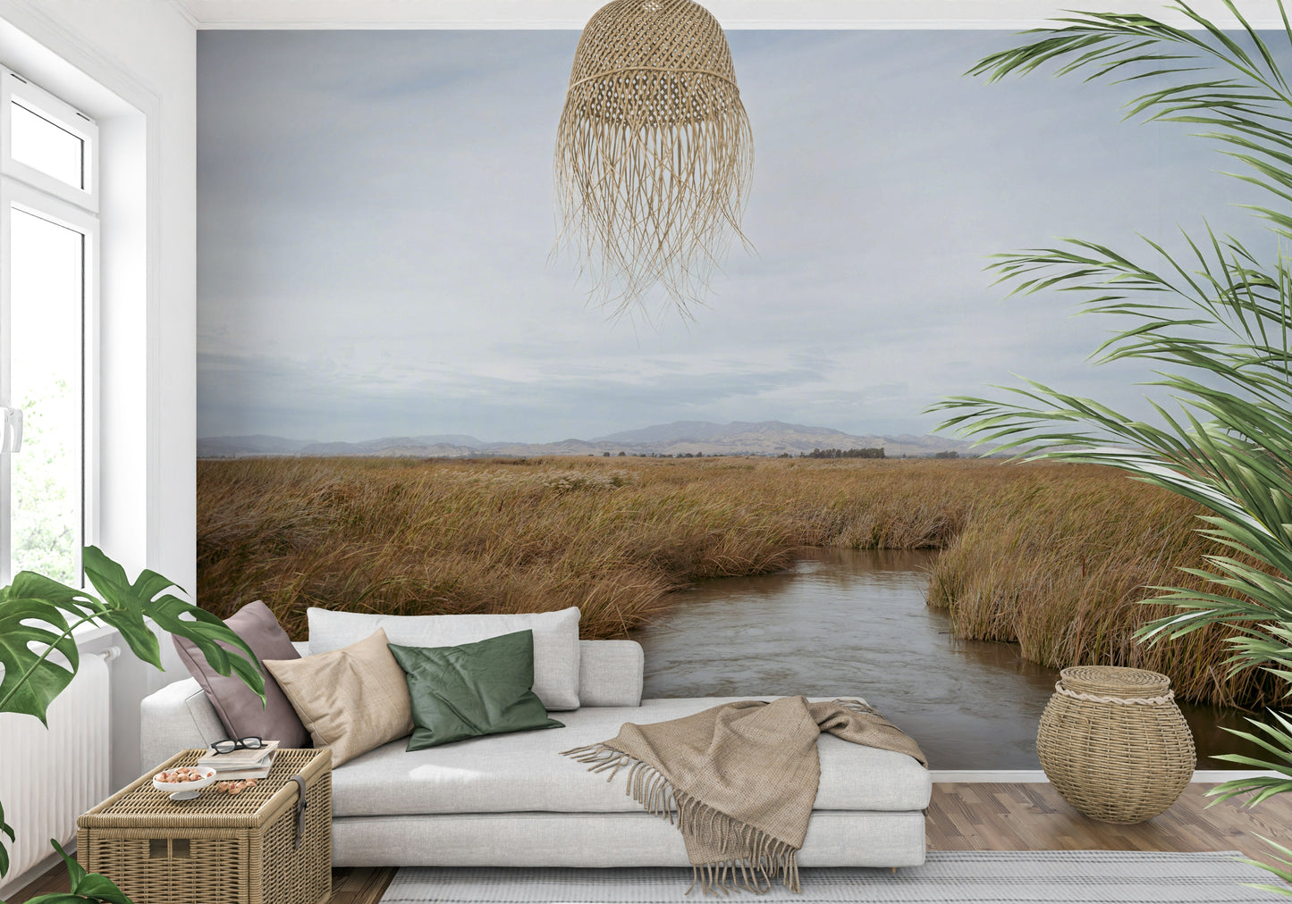 A beautiful tranquil marsh wallpaper mural of a serene, watery landscape.