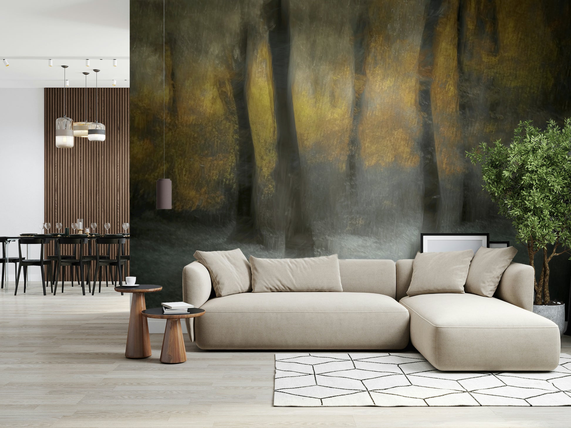 A peaceful woodland vista mural on decorative wallpaper.