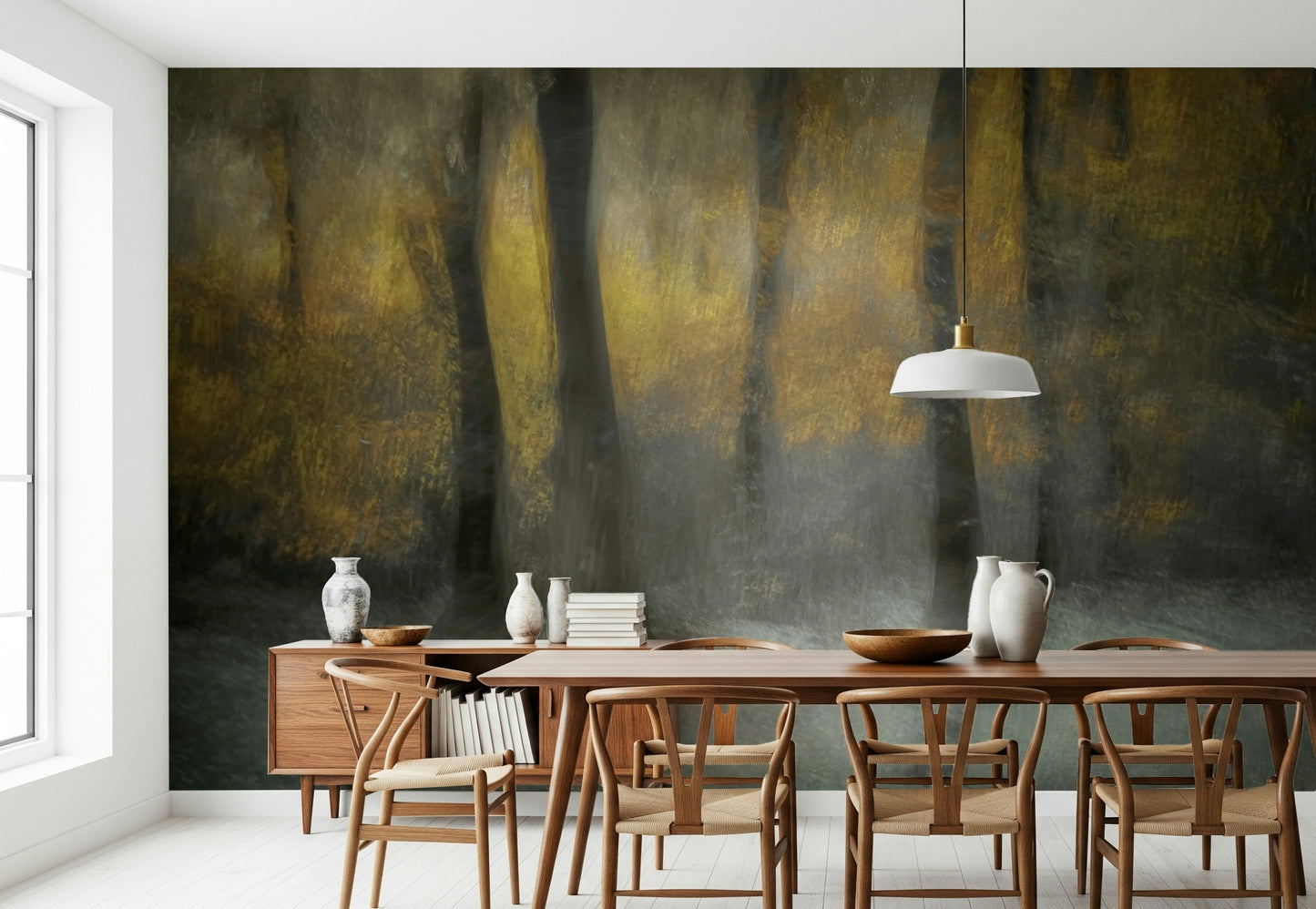 A calming serene forest wallpaper mural that defines a space.