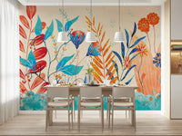An artistic delicate bloom mural on minimalist wallpaper.