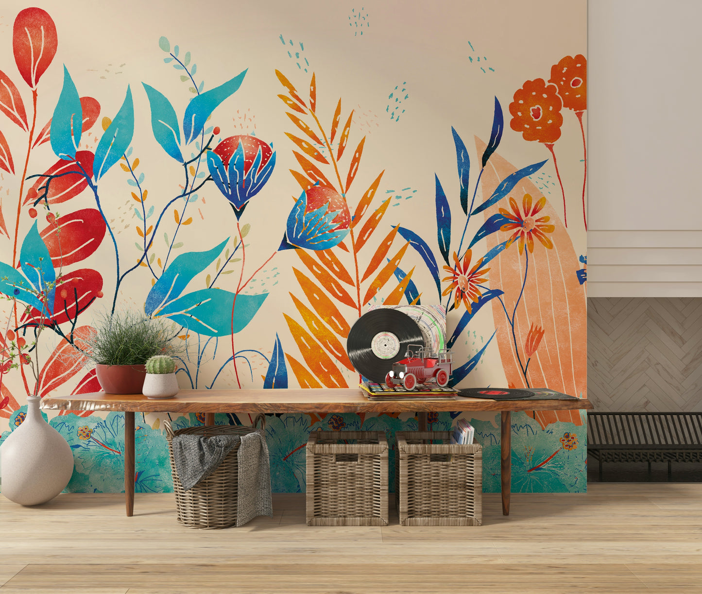 A beautiful wild floral wallpaper mural with a symphony of colorful blooms.