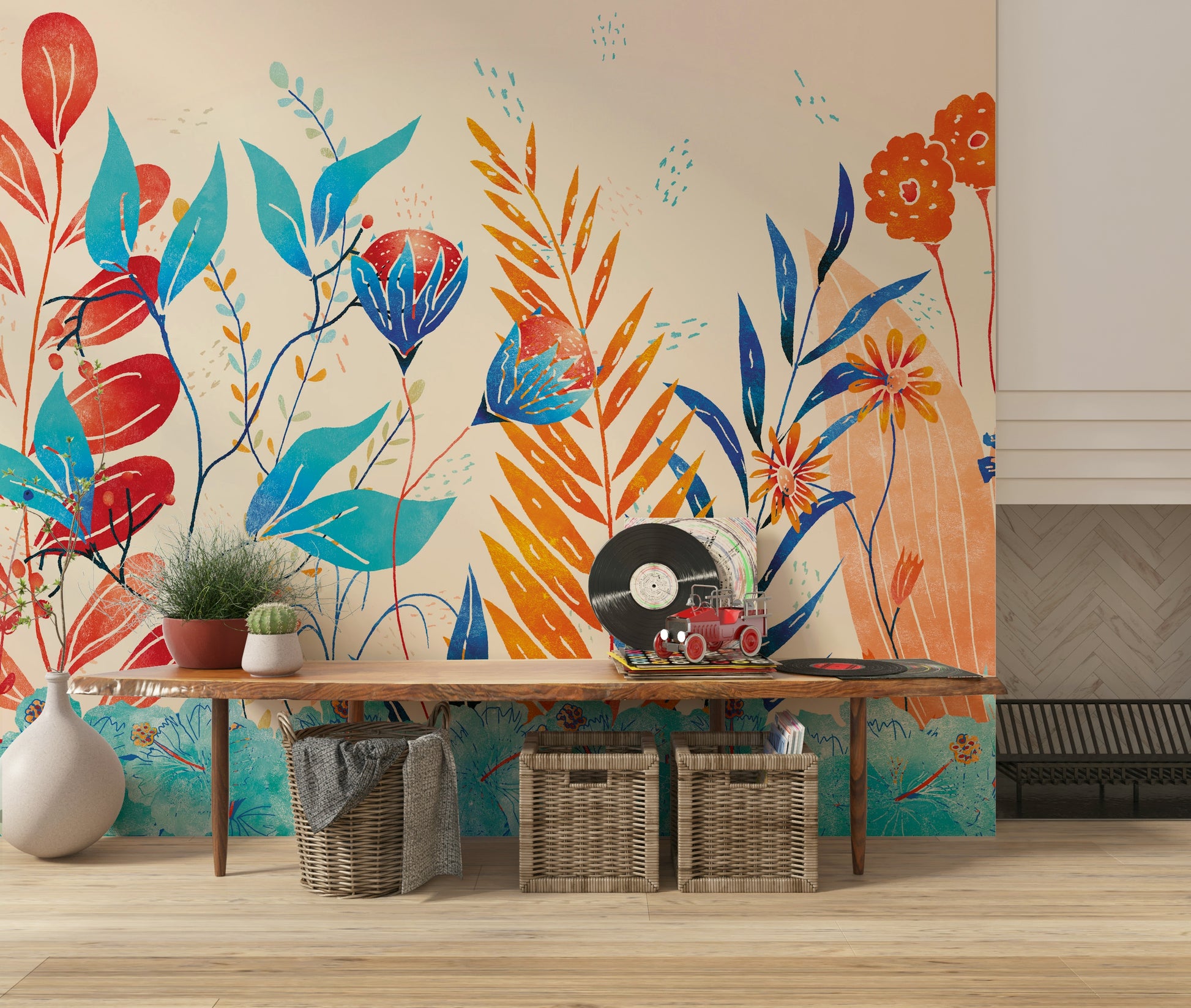 A beautiful wild floral wallpaper mural with a symphony of colorful blooms.
