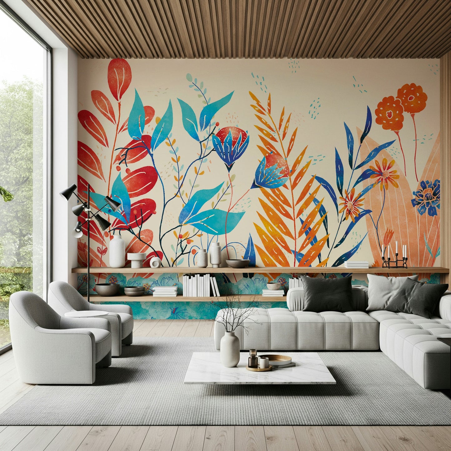 A contemplative floral pattern wallpaper mural for a feature wall.