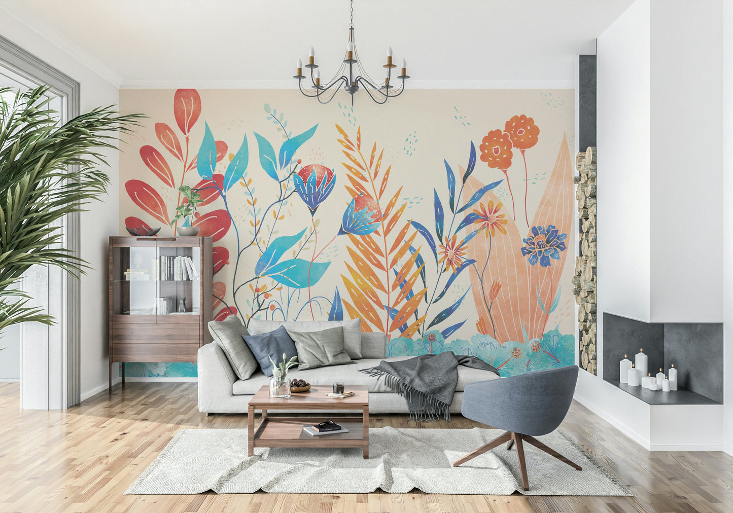 A calming floral design wallpaper mural that defines a space.