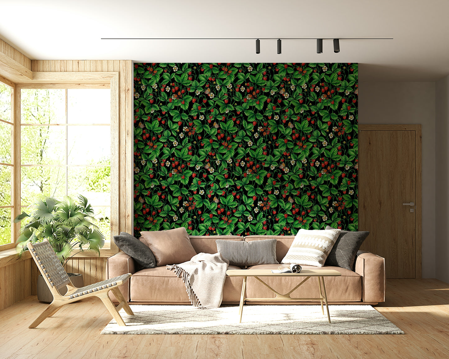 A serene botanical pattern wall mural with subtle, classic rose and butterfly motifs.