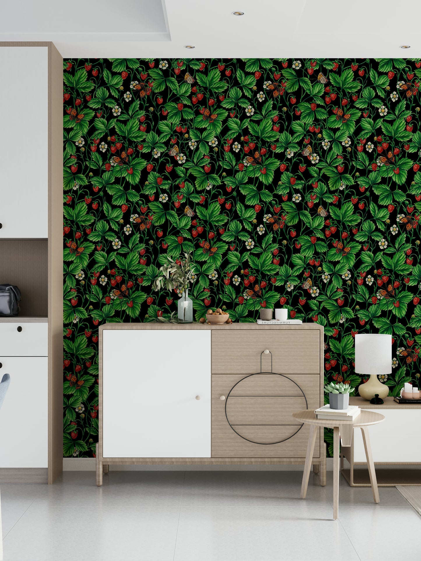 A beautiful modern art wall mural of delicate roses and insects.