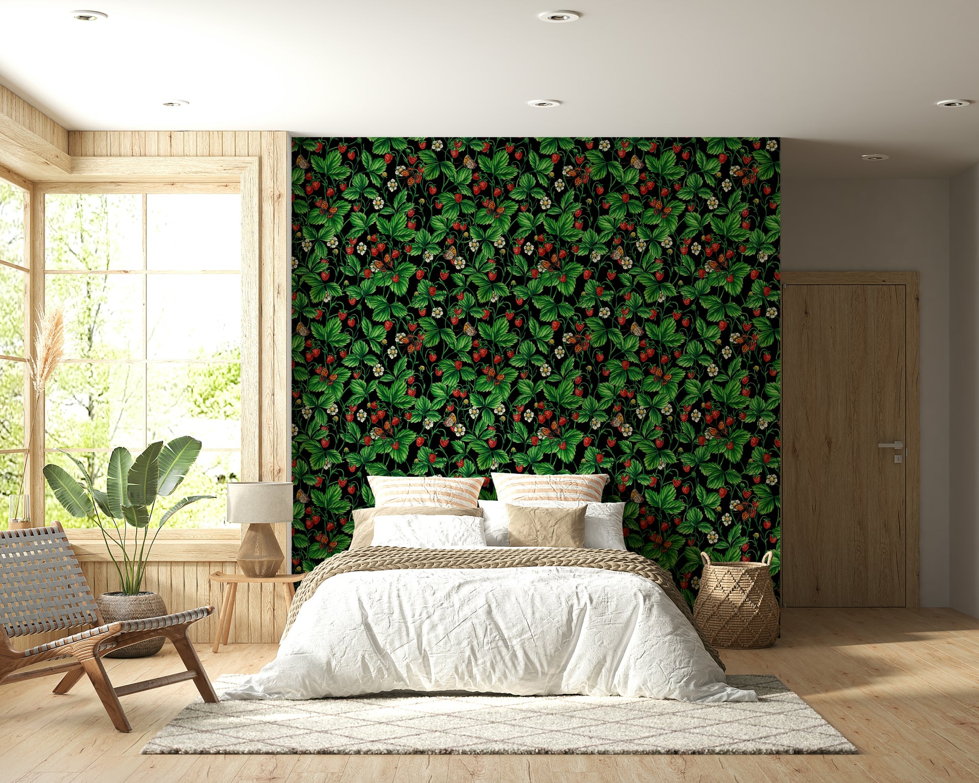 An artistic delicate bloom mural on minimalist wallpaper.