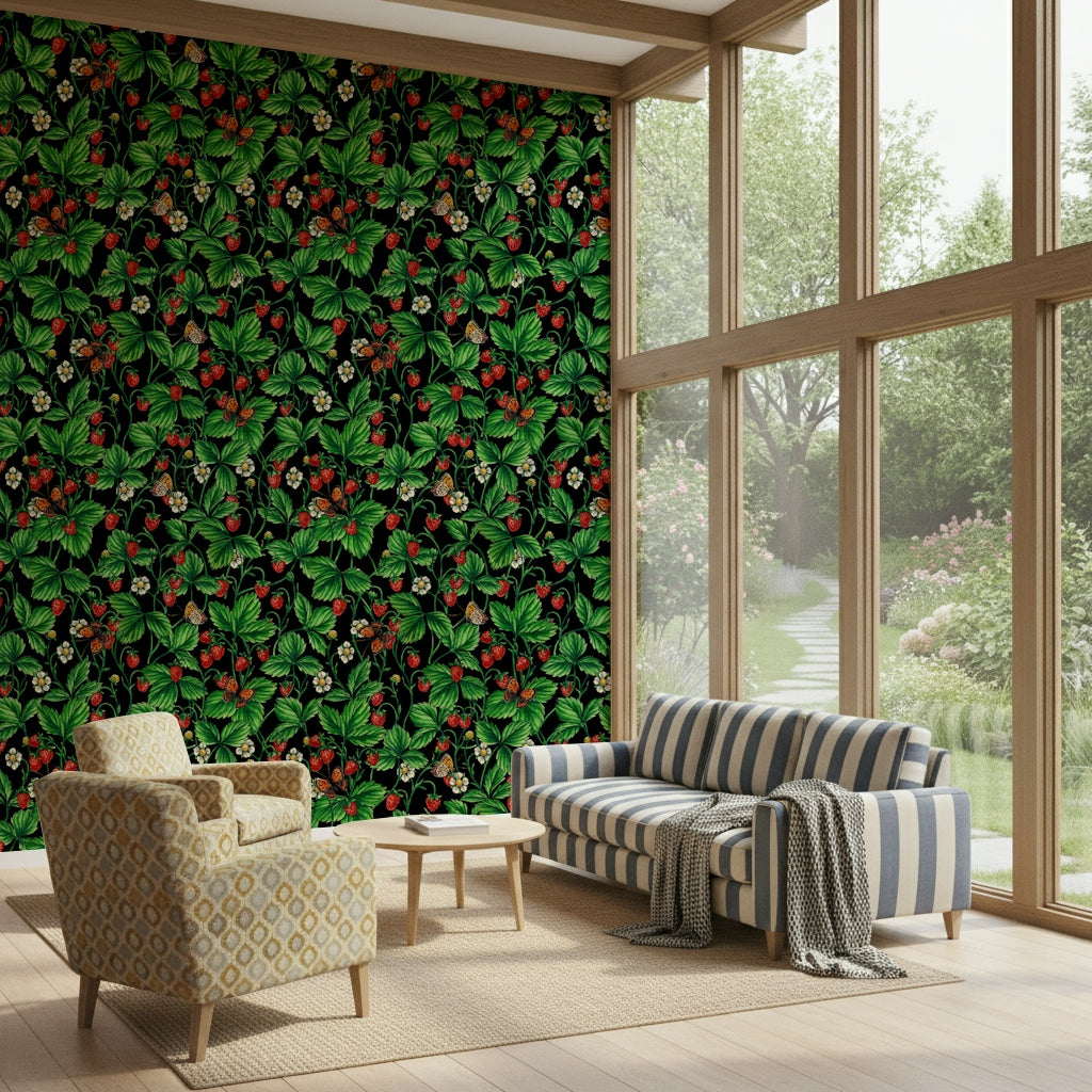 A peaceful flower and butterfly design mural on decorative wallpaper.