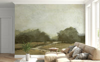 A peaceful open country mural on decorative wallpaper.