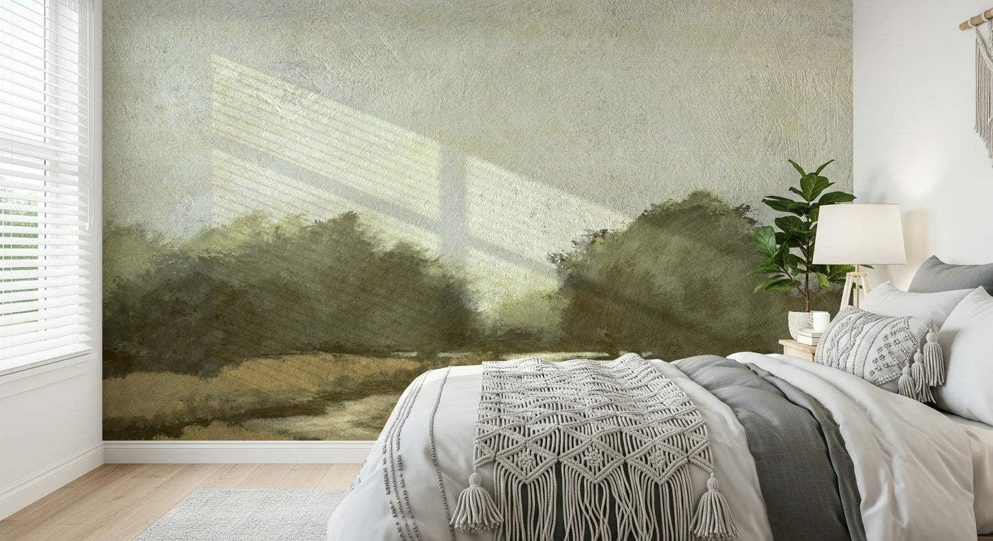 A calming serene view wallpaper mural that defines a space.
