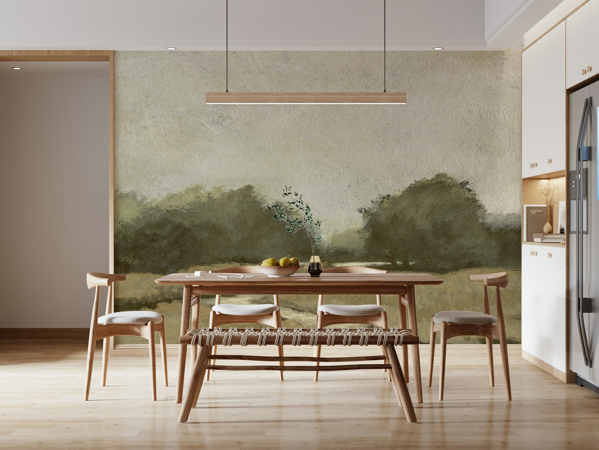 An artistic natural vista mural on scenic wallpaper.