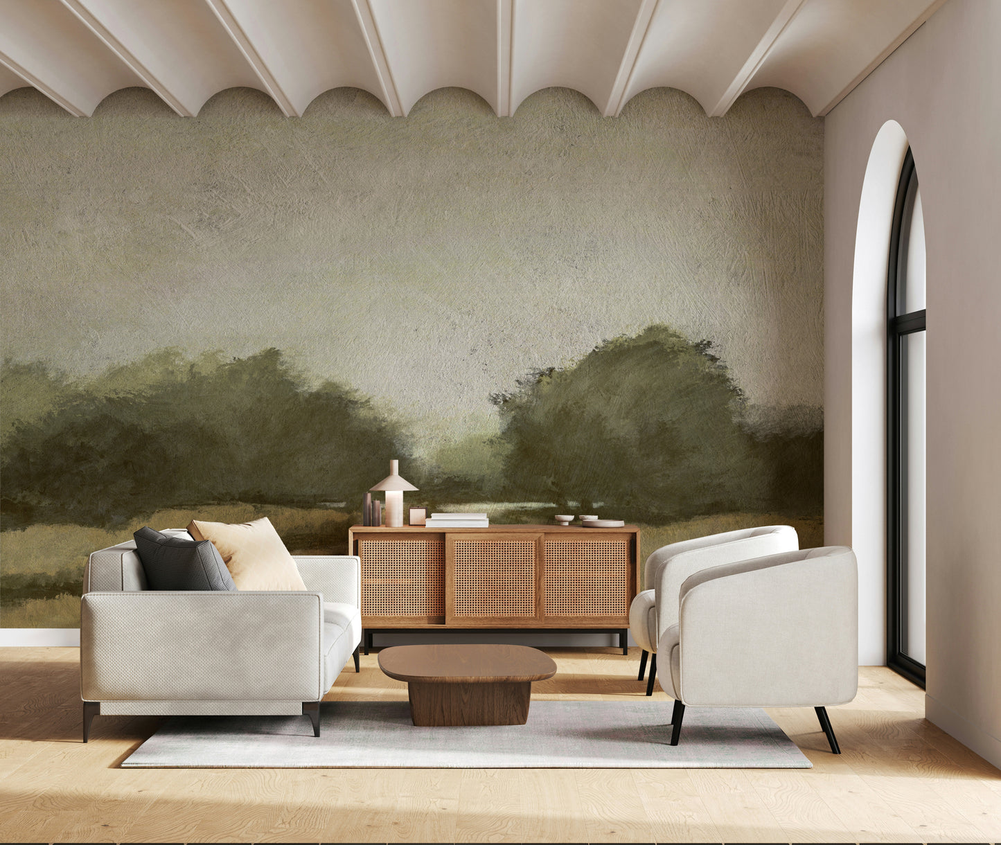 A beautiful misty path wallpaper mural of a serene, fog-covered trail.