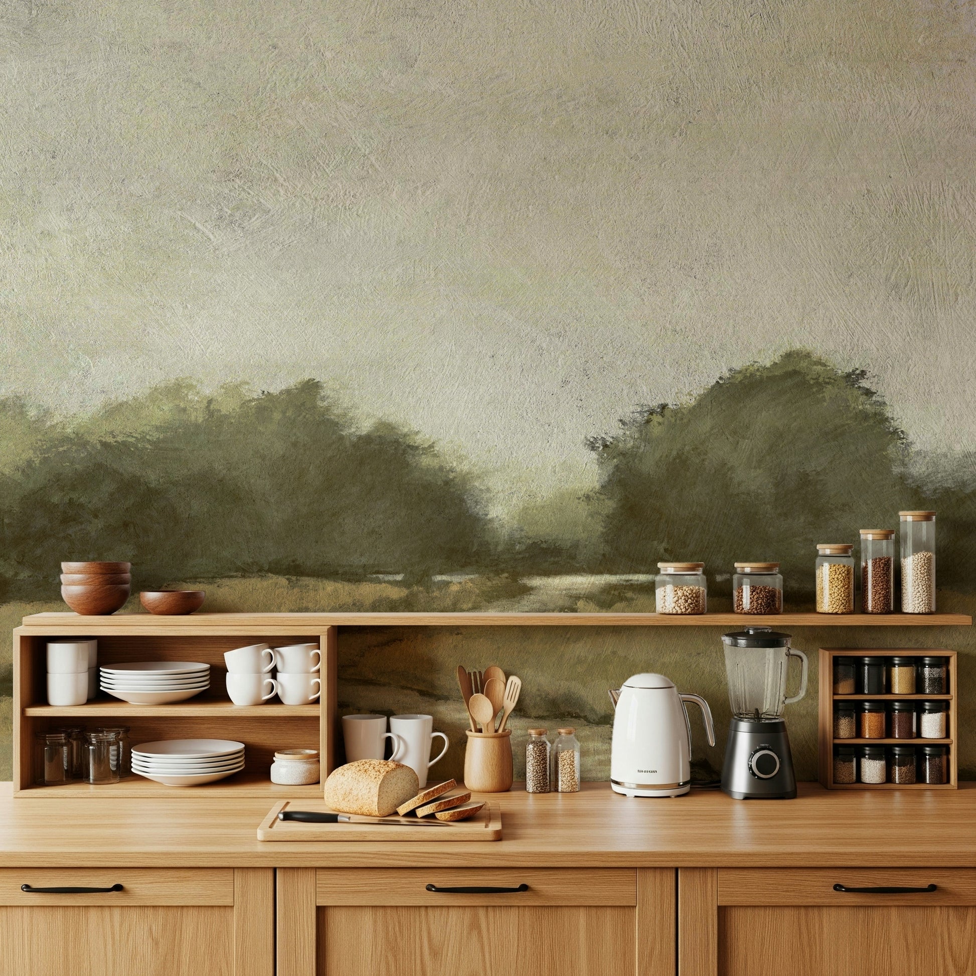 A beautiful wide-angle wall mural of a dreamy landscape.