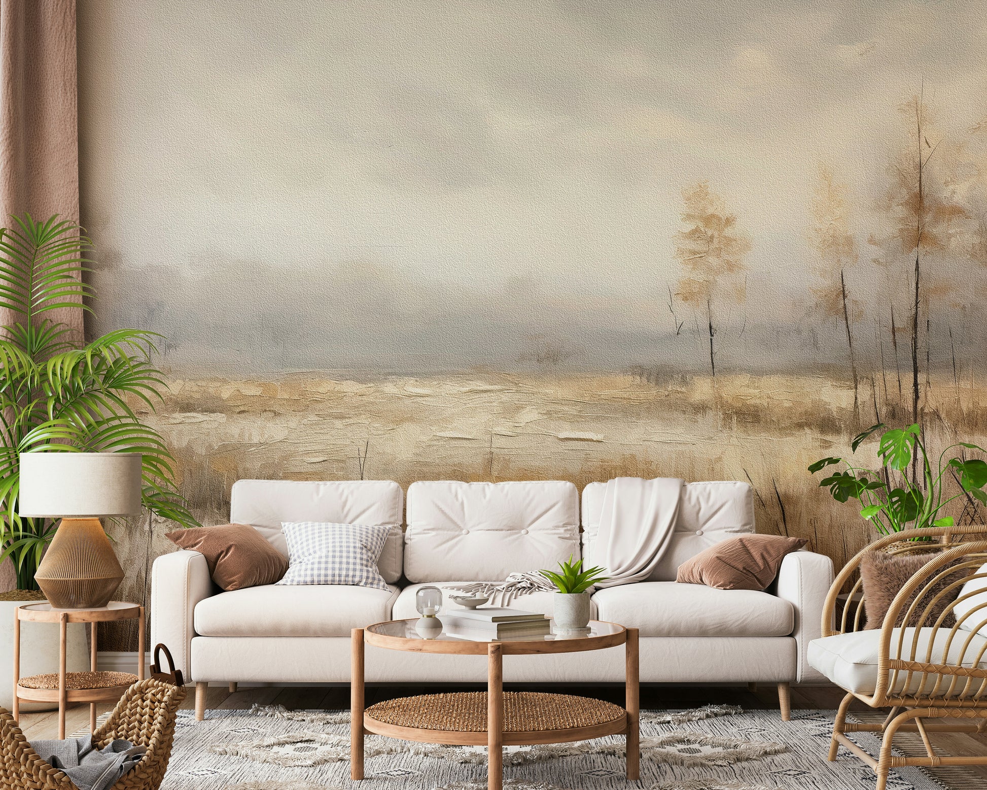 A peaceful open country mural on decorative wallpaper.
