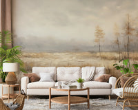 A peaceful open country mural on decorative wallpaper.