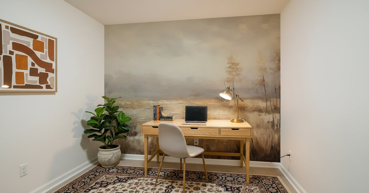 A beautiful wide-angle wall mural of a hazy meadow.