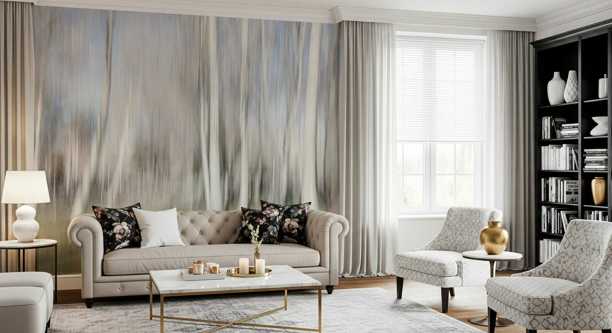 A calming serene forest wallpaper mural that defines a space.