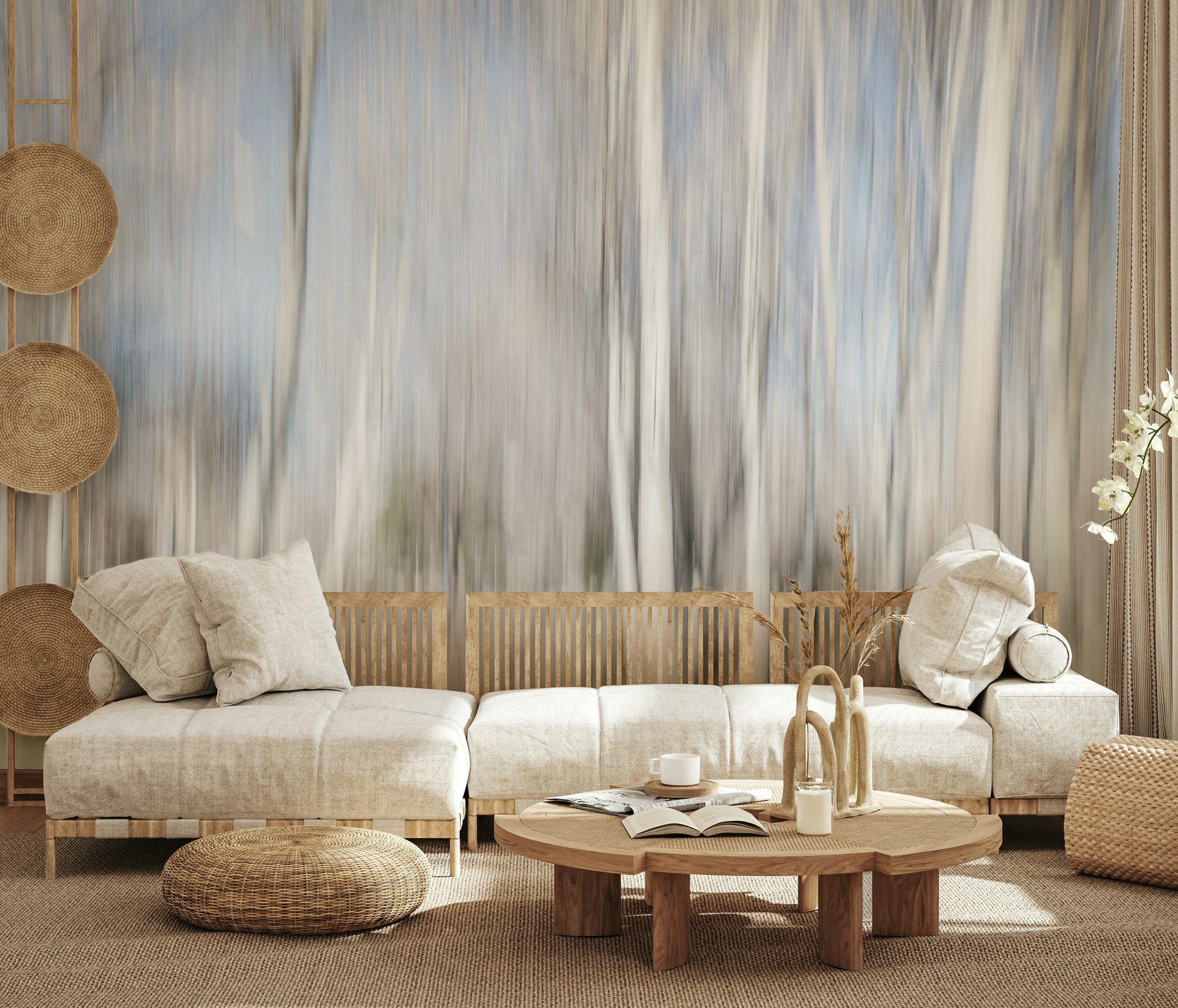 A beautiful wide-angle wall mural of a misty wood.