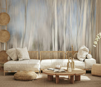 A beautiful wide-angle wall mural of a misty wood.