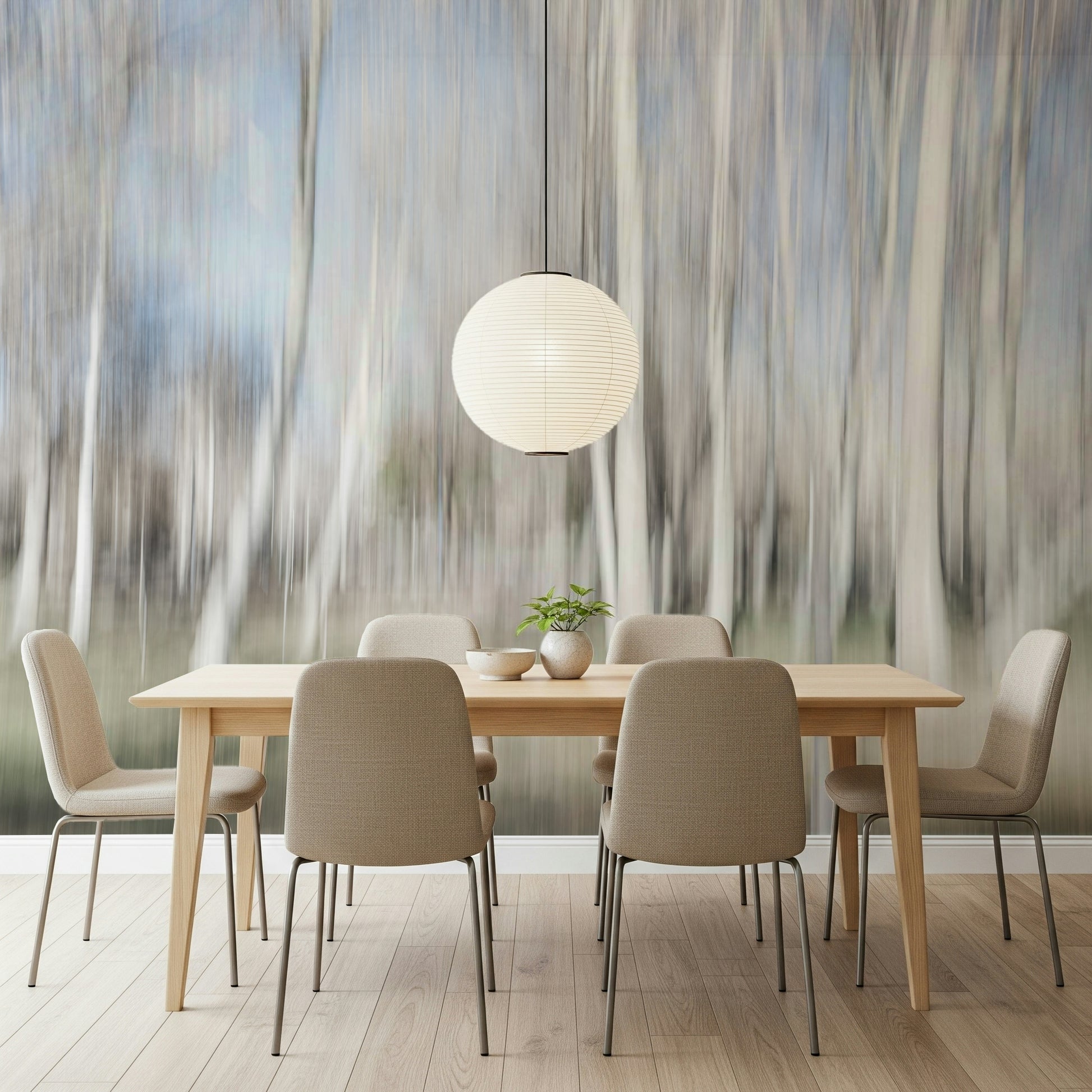 A peaceful woodland vista mural on decorative wallpaper.