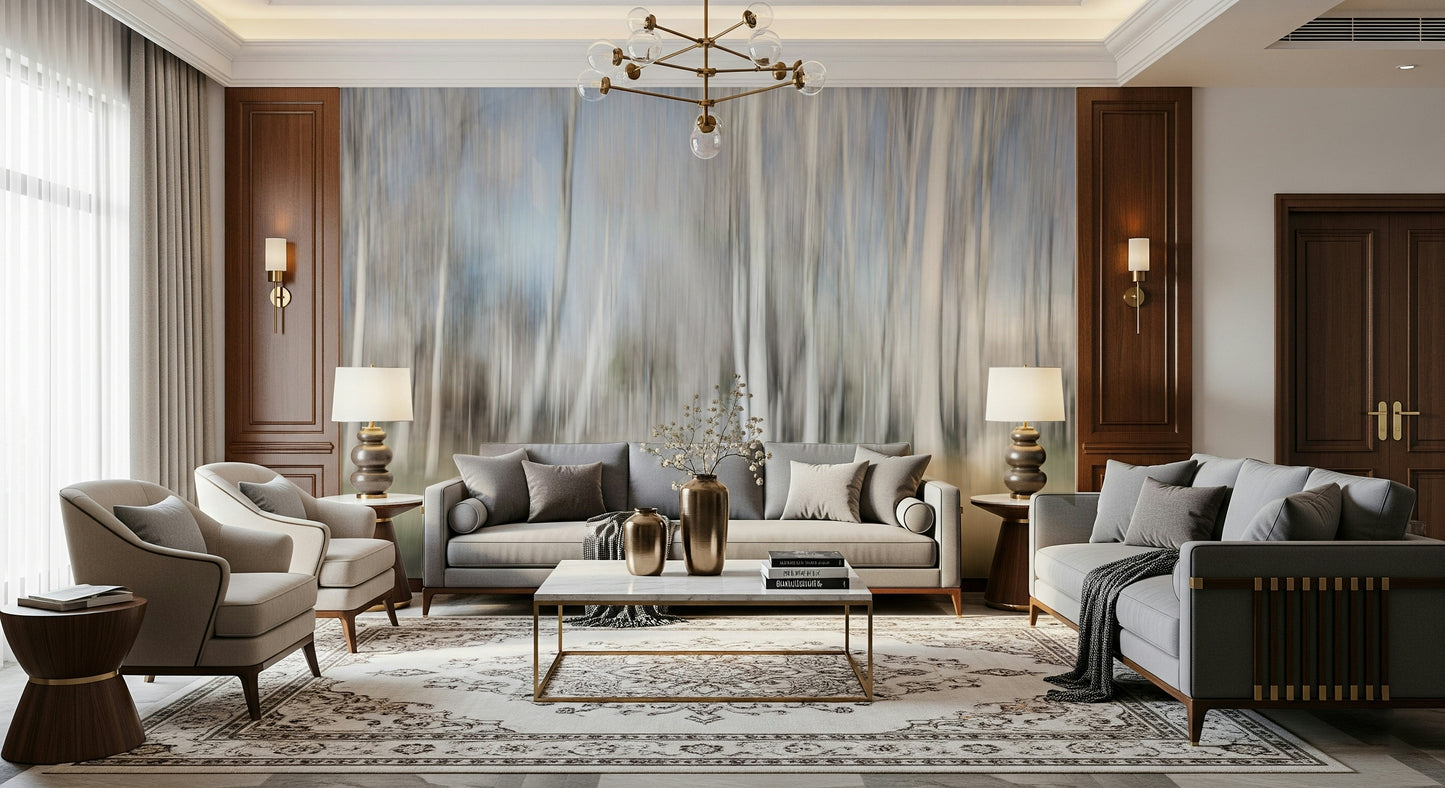 A beautiful ethereal forest wallpaper mural with subtle, misty light filtering through the trees.