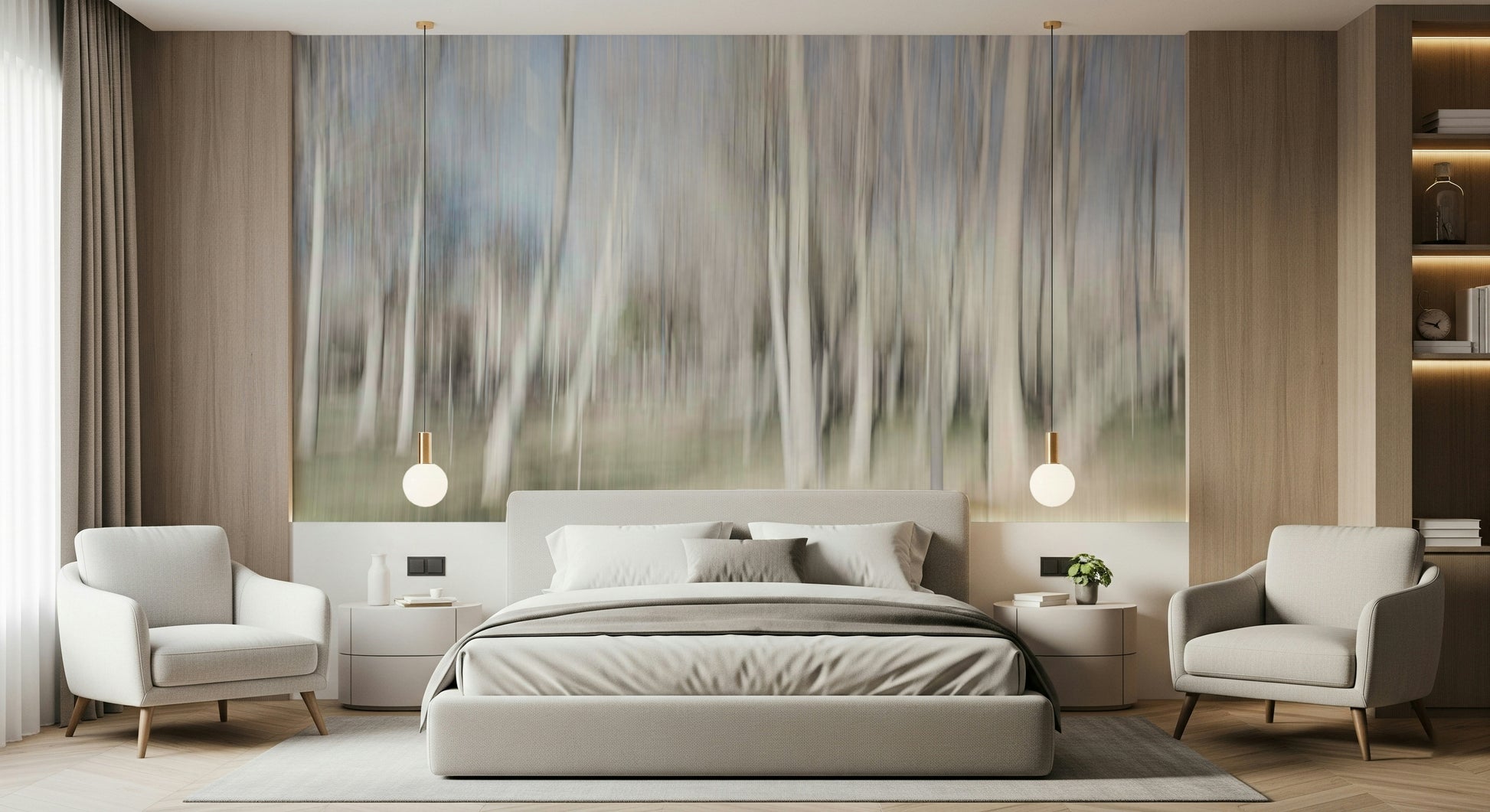 A graceful subtle light wall mural in cool, natural tones.