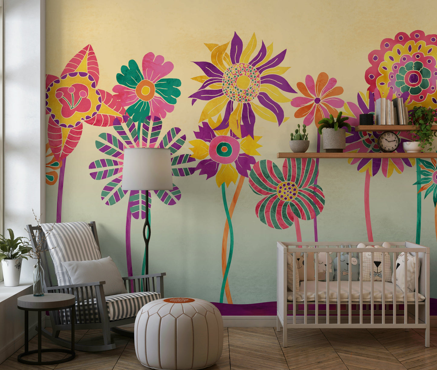 A serene playful floral wall mural for a children's room or bold decor.