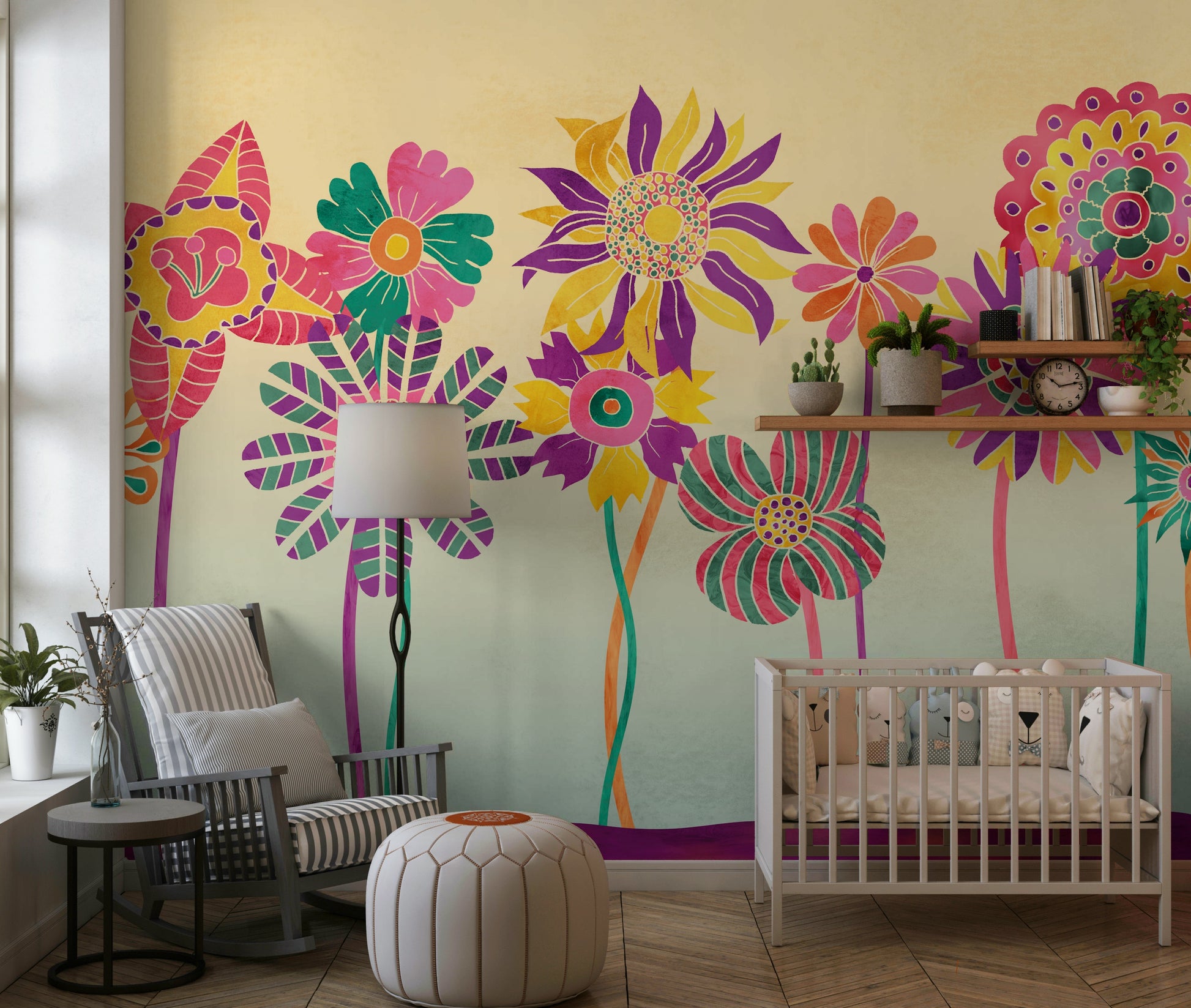 A serene playful floral wall mural for a children's room or bold decor.