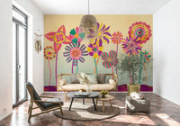 A peaceful flower design mural on decorative wallpaper.