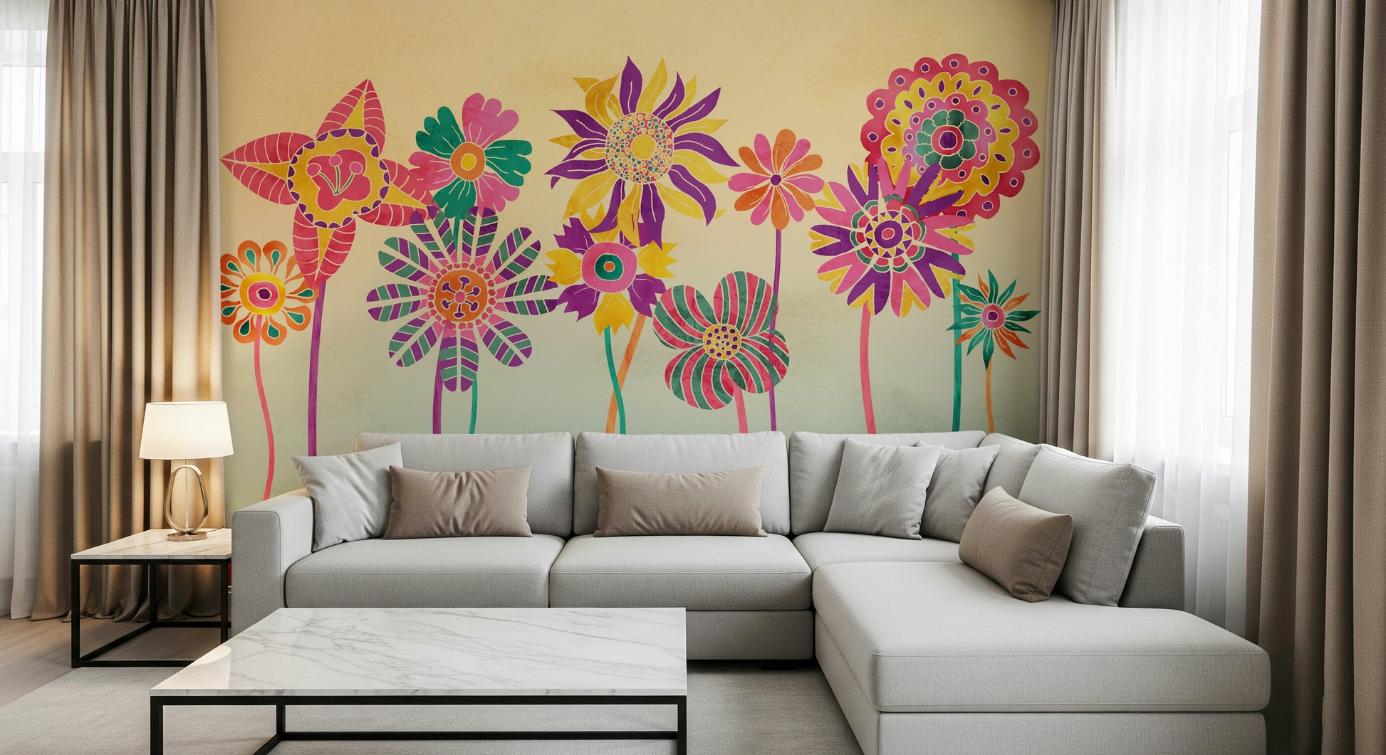 An artistic abstract bloom mural on minimalist wallpaper.
