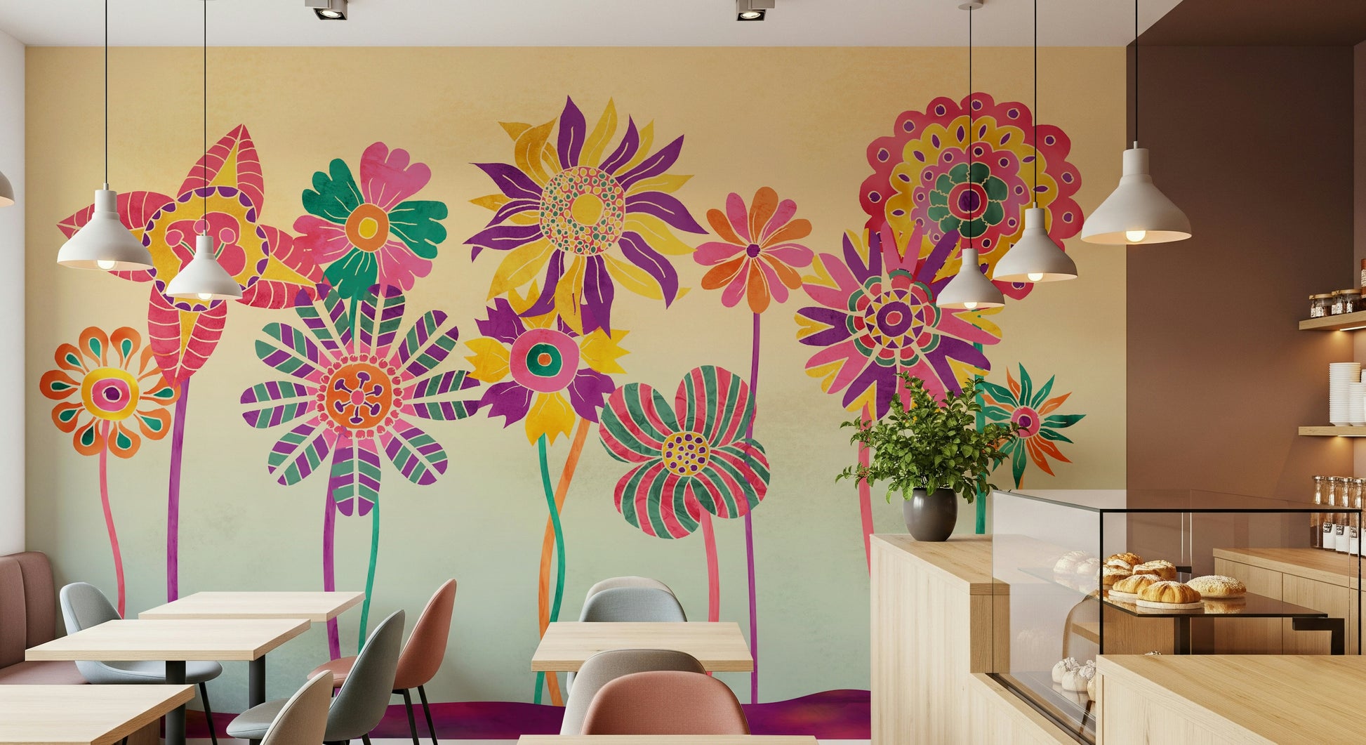 A calming floral design wallpaper mural that defines a space.