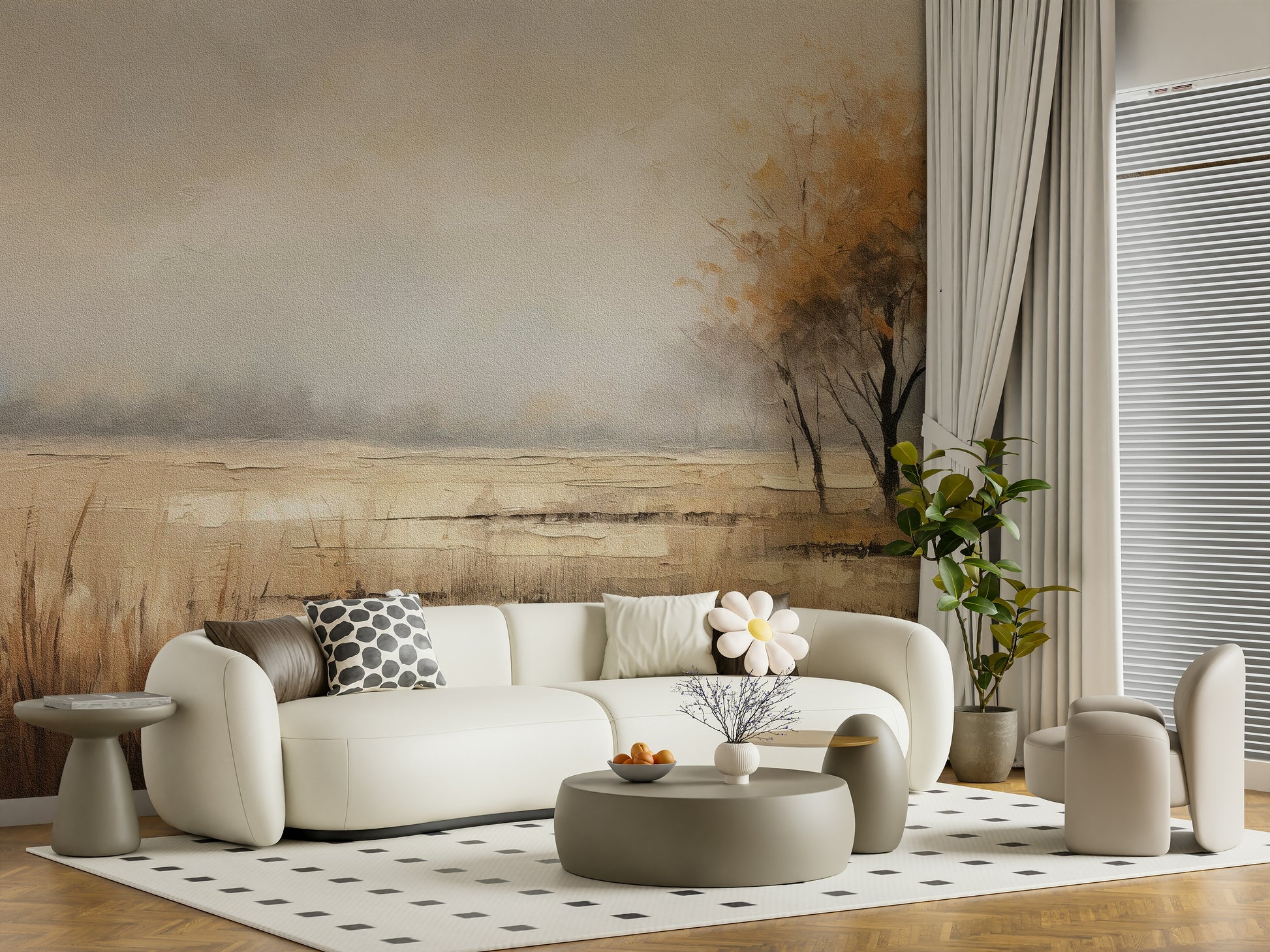 A peaceful open country mural on decorative wallpaper.