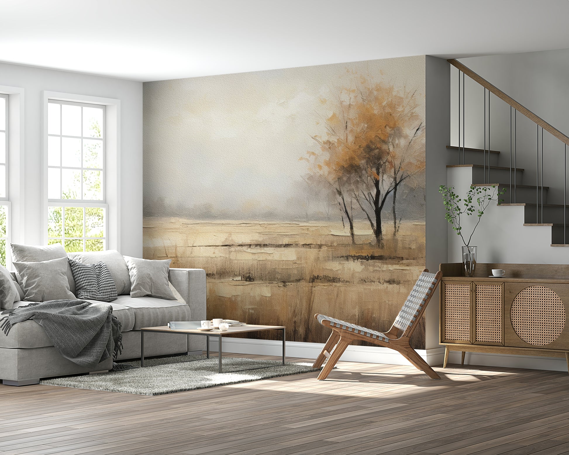 A calming serene view wallpaper mural that defines a space.