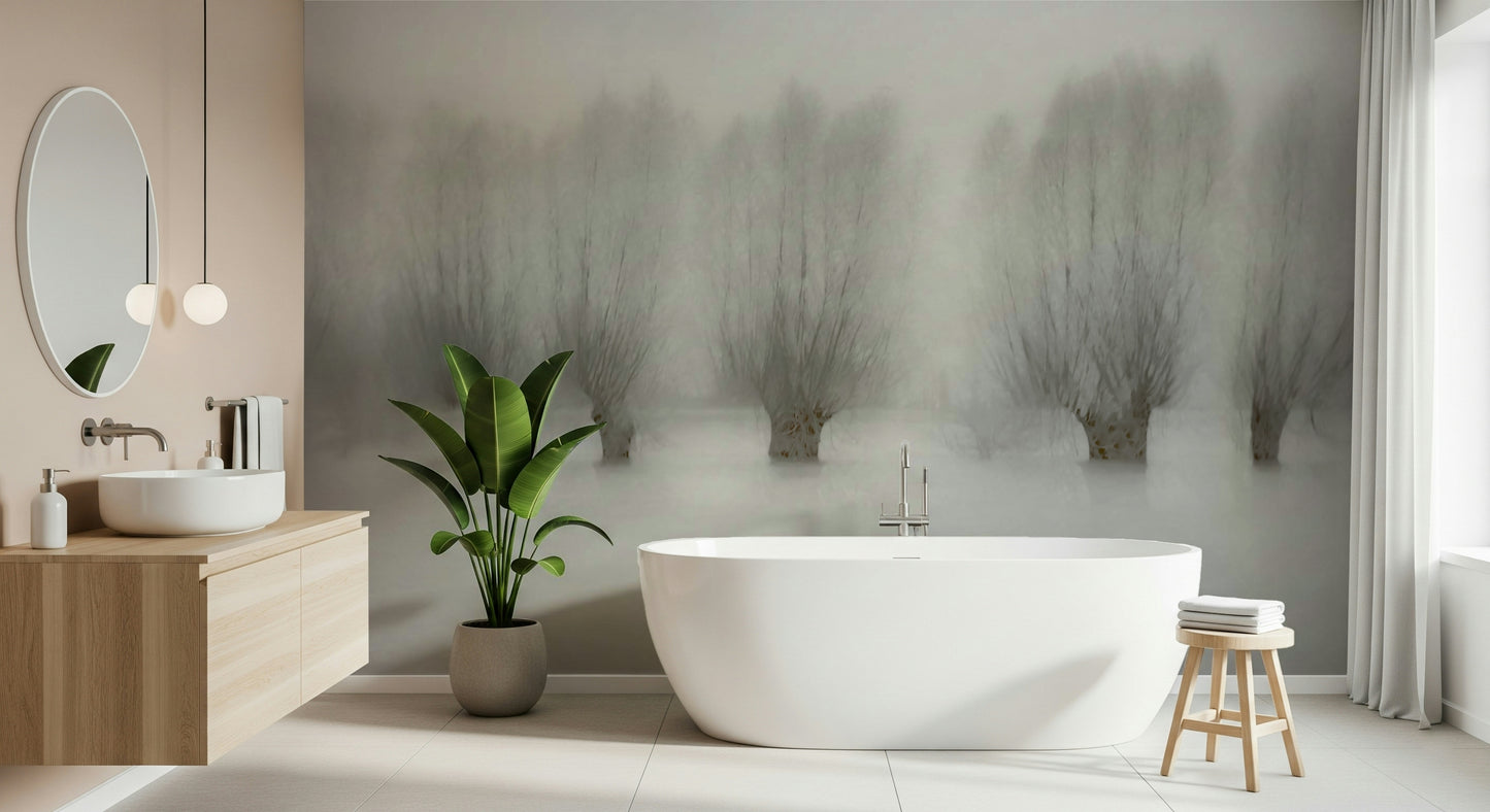 A graceful subtle light wall mural in cool, natural tones.
