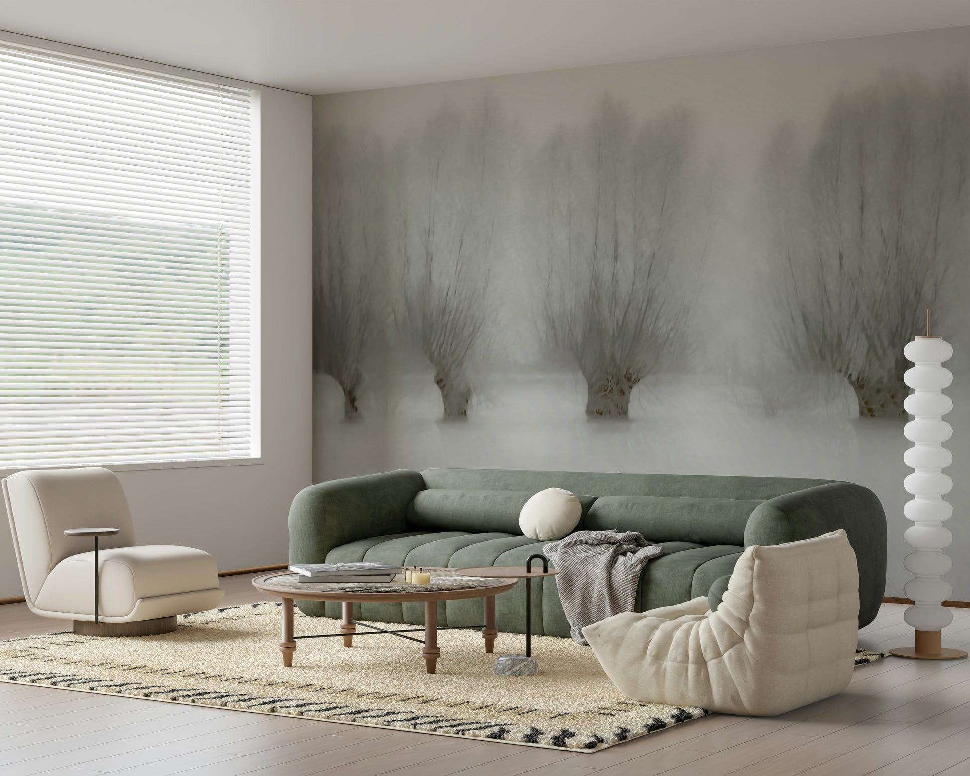 A peaceful woodland vista mural on decorative wallpaper.