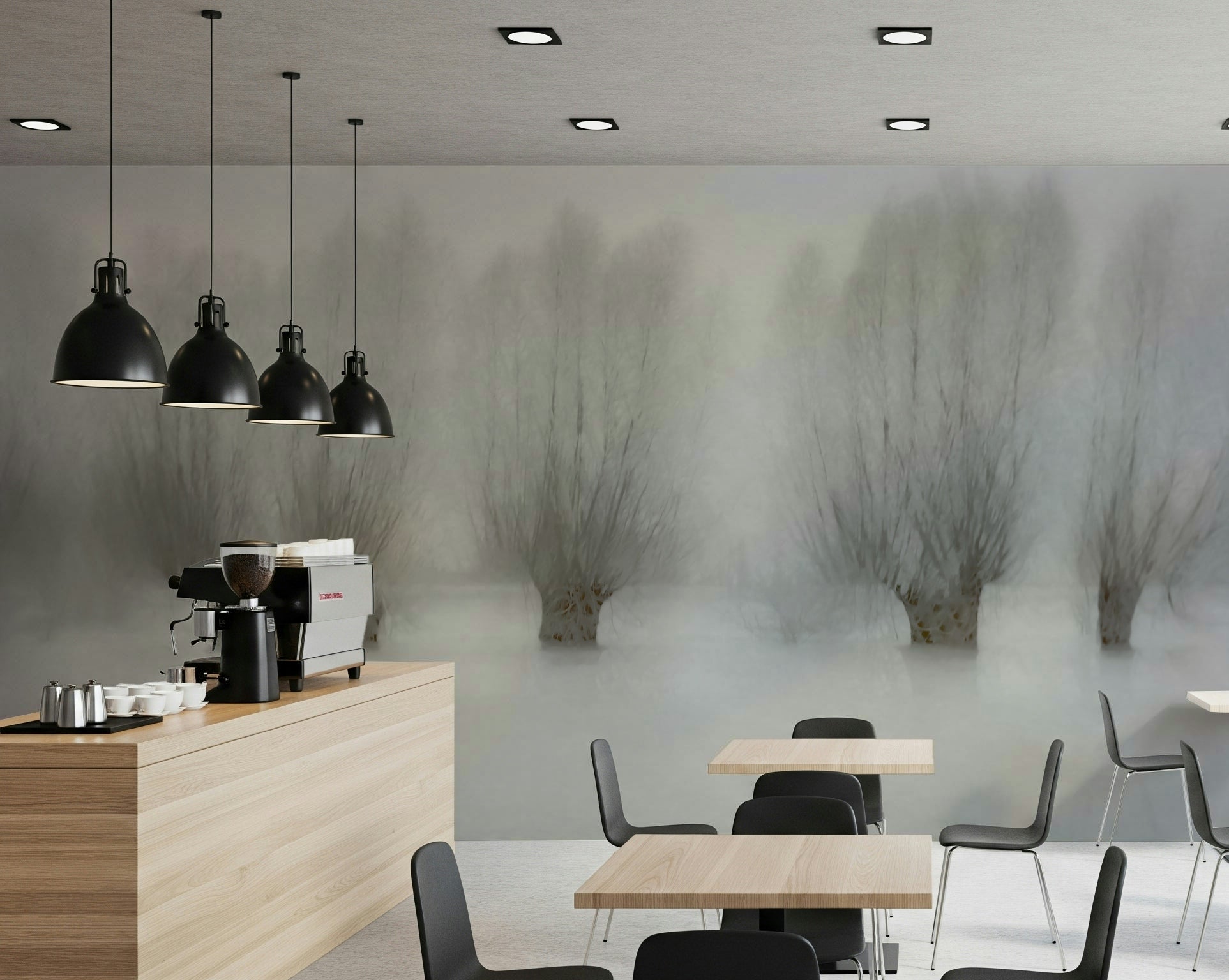 A beautiful wide-angle wall mural of a misty wood.