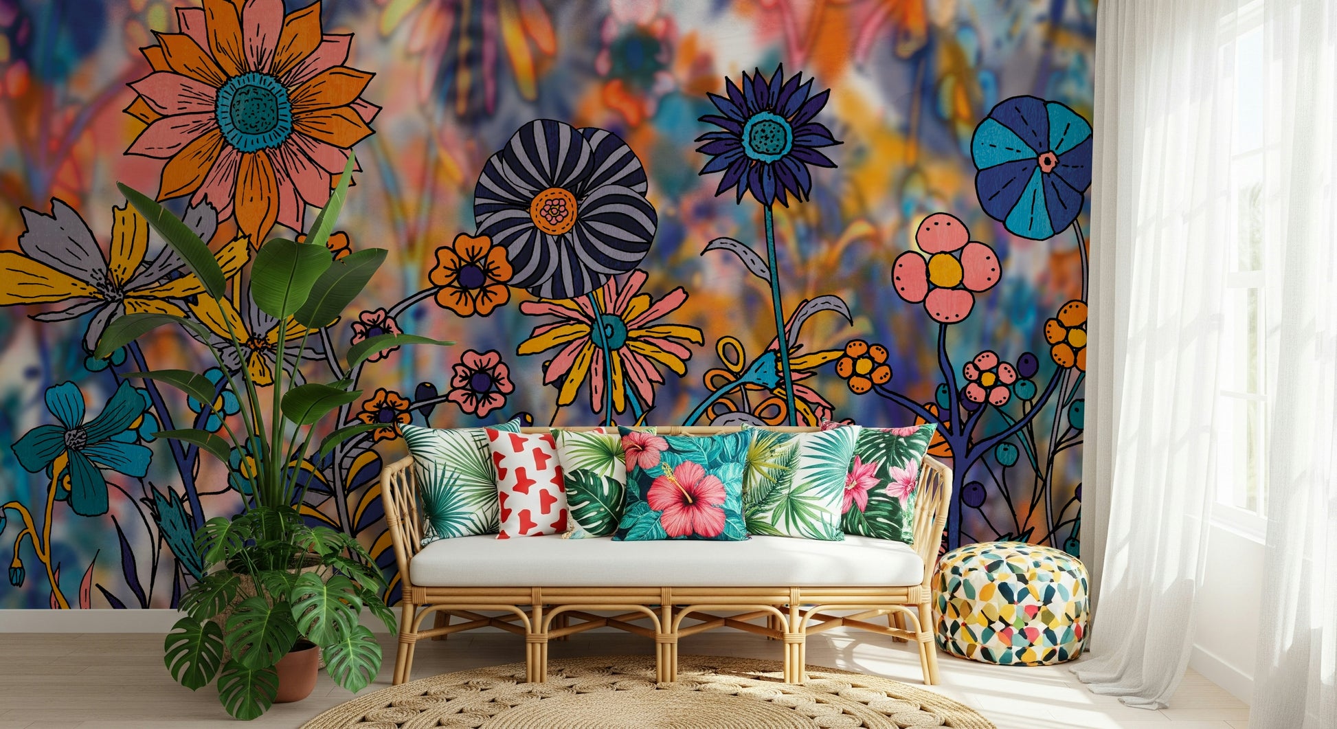 An artistic lush garden mural on scenic wallpaper.
