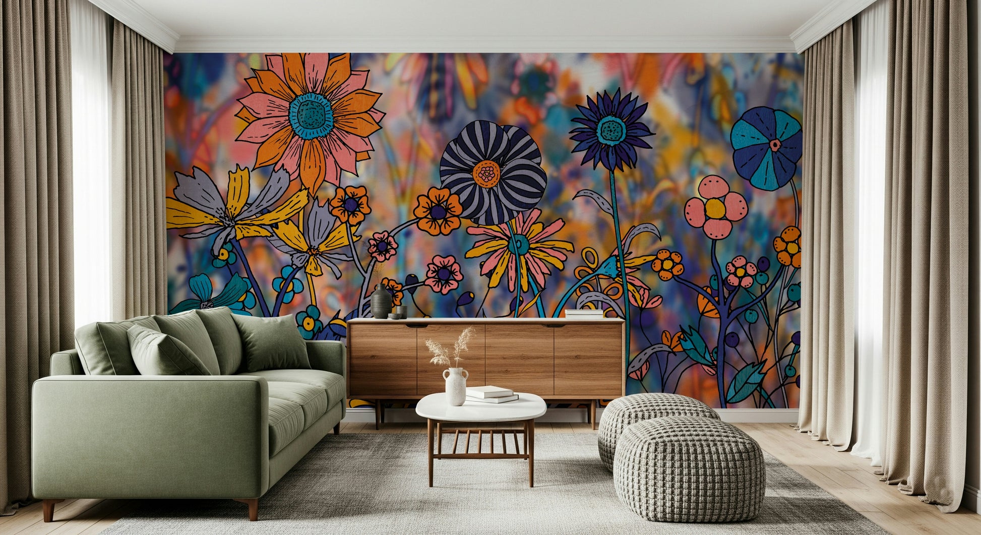A beautiful vibrant wildflower wallpaper mural for a modern, cheerful home.