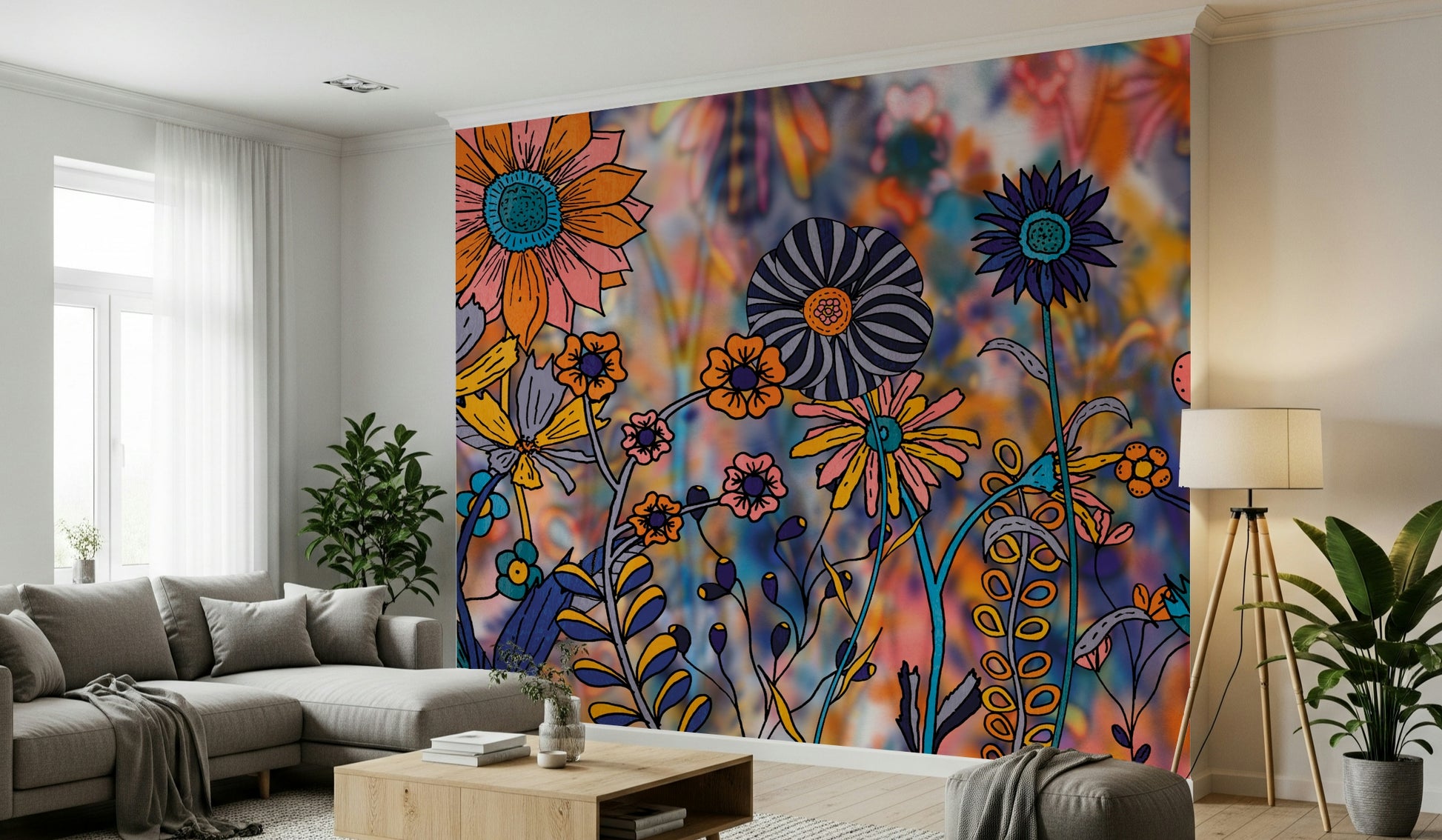 A peaceful flower meadow mural on decorative wallpaper.