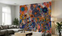 A peaceful flower meadow mural on decorative wallpaper.