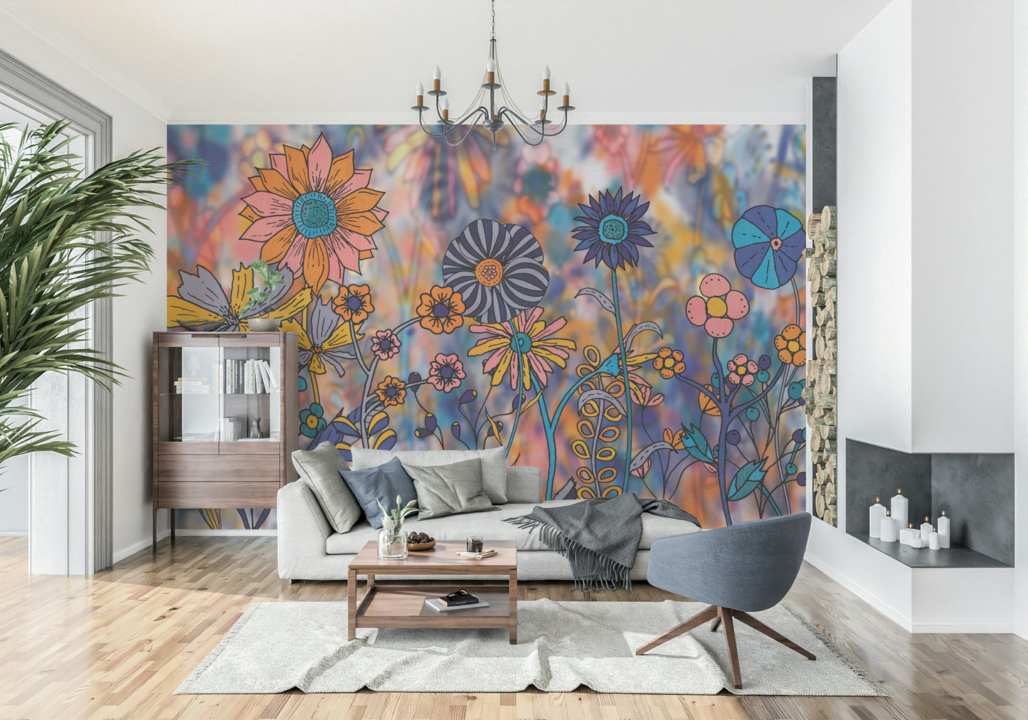A calming floral design wallpaper mural that defines a space.