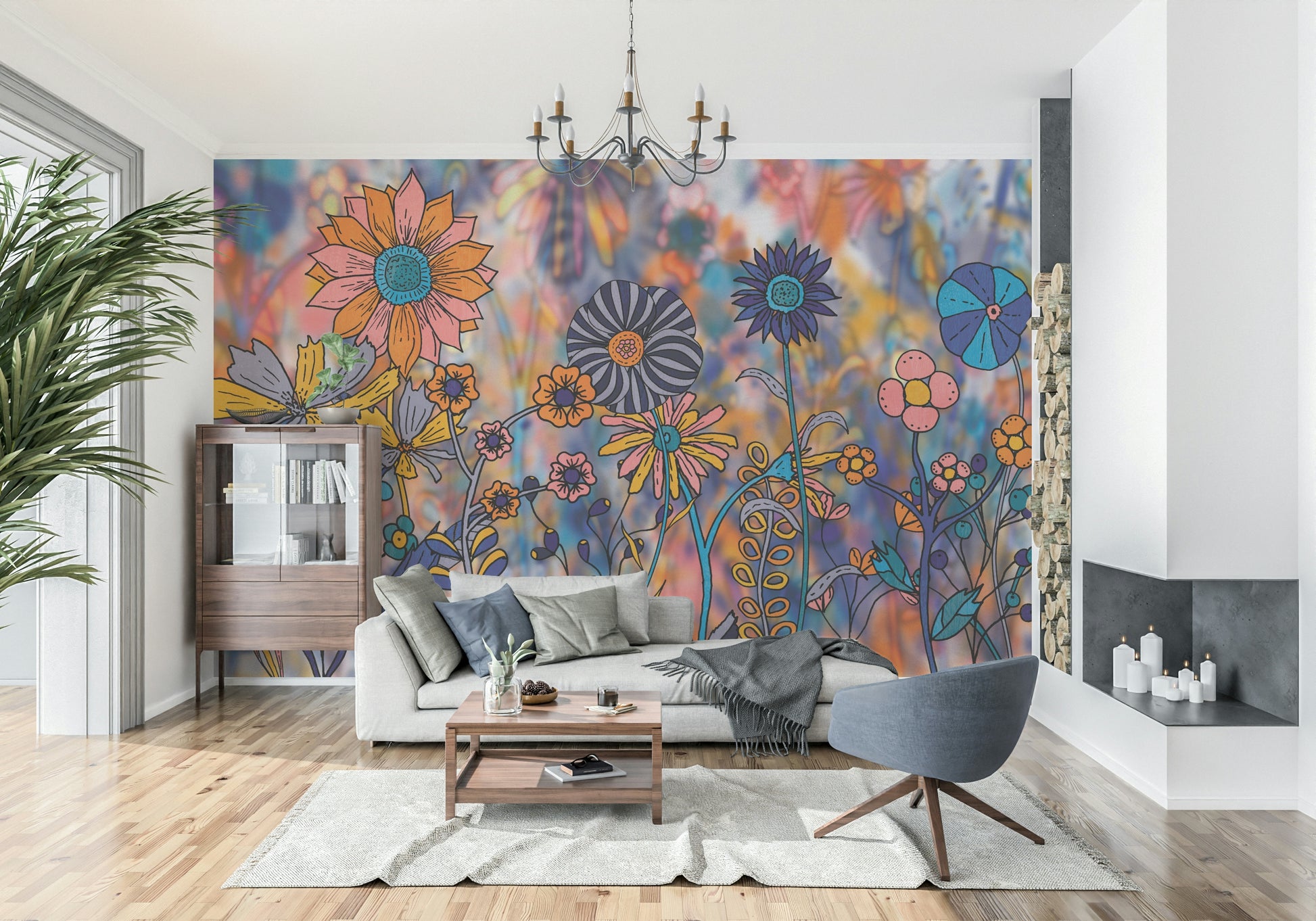 A calming floral design wallpaper mural that defines a space.