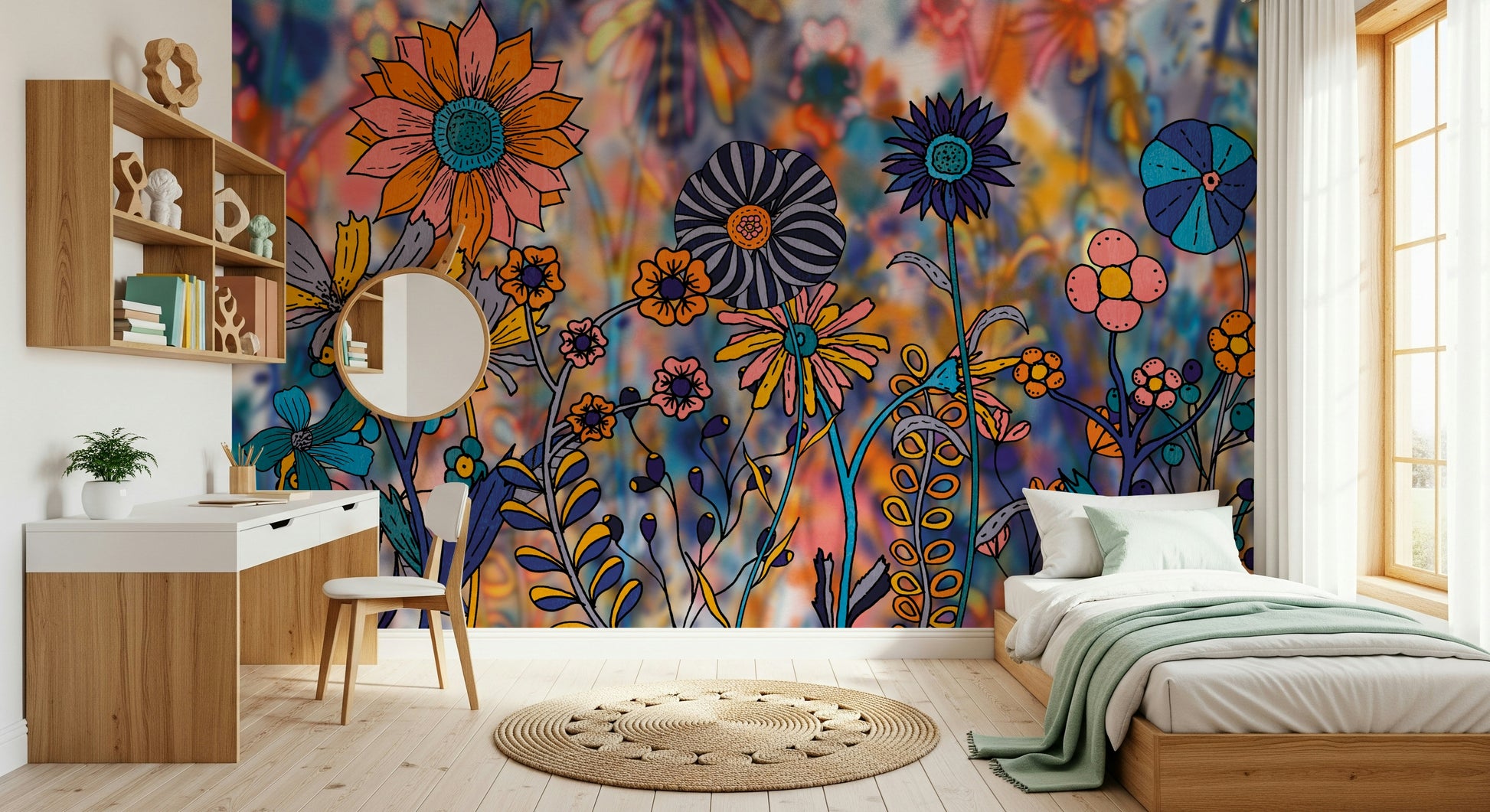 A contemplative floral pattern wallpaper mural for a feature wall.