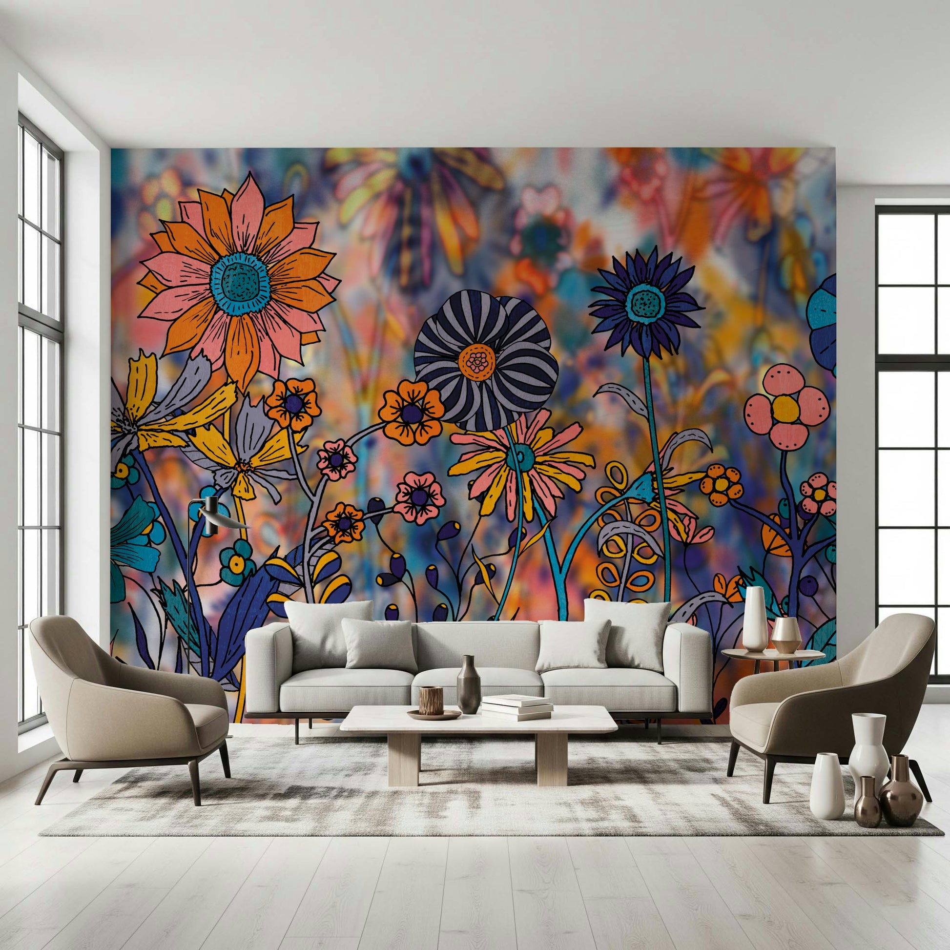 A graceful subtle bloom wall mural in bright, bold colors.