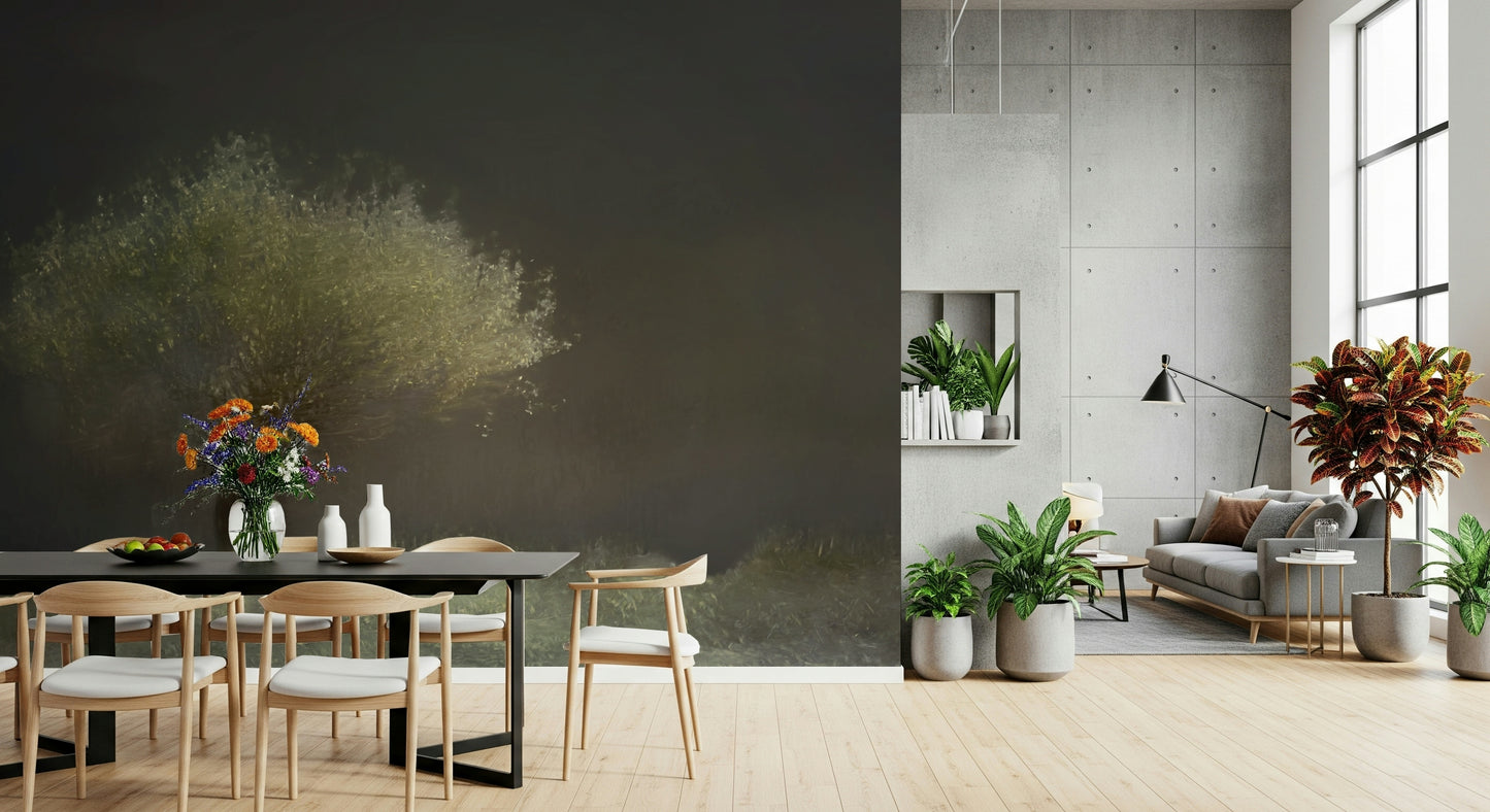 A beautiful wide-angle wall mural of a misty wood.